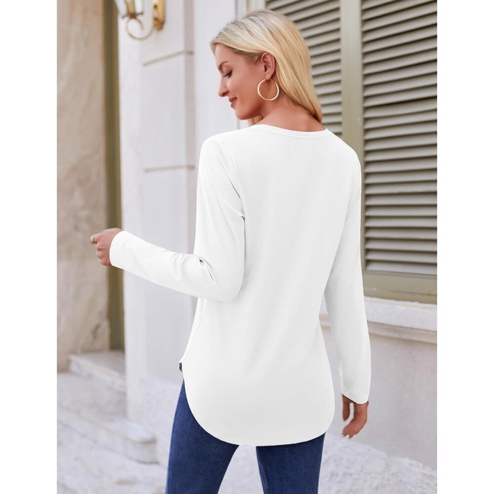 Long Sleeve Shirts Women Loose Fit Crewneck Side Split Curved Hem Casual Tops - Picture 3 of 7